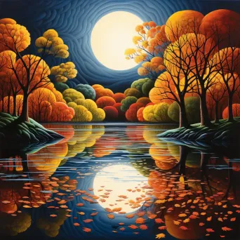 Illustration of a full moon reflecting on a tranquil lake with autumn leaves - Image 2