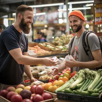 Customer handing cash to a cashier in a vibrant food market setting. - Image 1