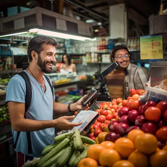 Customer handing cash to a cashier in a vibrant food market setting. - Image 3