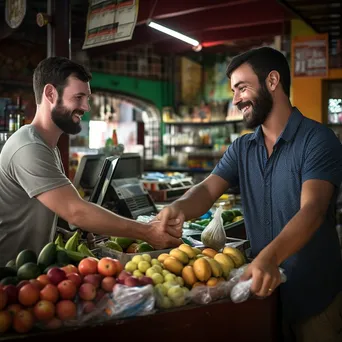 Customer handing cash to a cashier in a vibrant food market setting. - Image 4