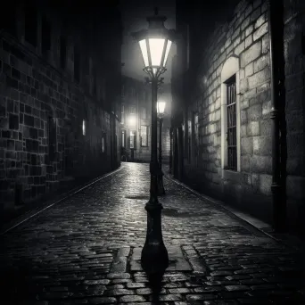 Black and white vintage streetlamp in cobblestone alley - Image 1