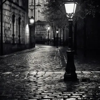 Black and white vintage streetlamp in cobblestone alley - Image 2