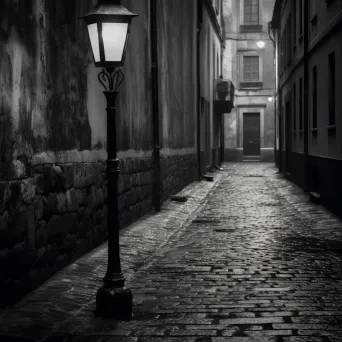 Black and white vintage streetlamp in cobblestone alley - Image 3