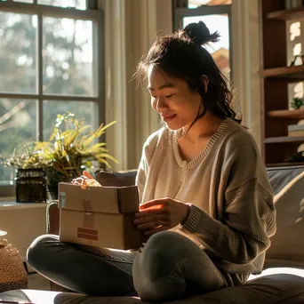 Woman unboxing an online delivery in living room - Image 1