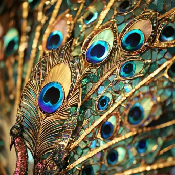 Opulent peacock tail in art deco style vividly depicting iridescent details - Image 2