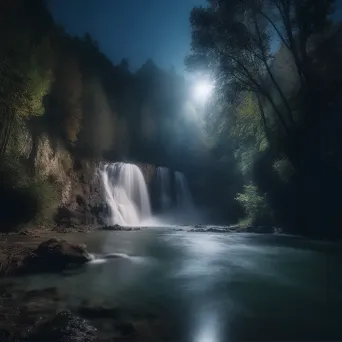 Majestic waterfall under moonlight with misty cascades - Image 1