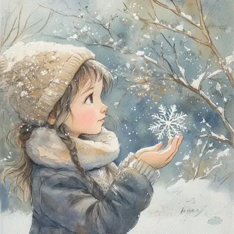 Child marveling at a snowflake in her hand painted in watercolor - Image 1