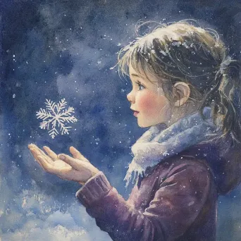 Child marveling at a snowflake in her hand painted in watercolor - Image 2