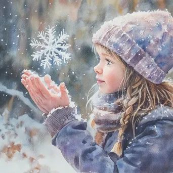 Child marveling at a snowflake in her hand painted in watercolor - Image 4