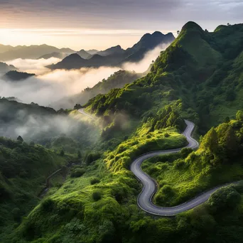 Misty mountain pass with winding road at sunrise - Image 3