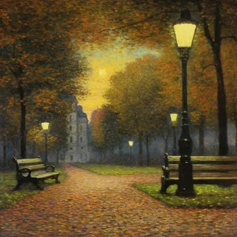 Quiet park at night with street lamps, bench, and autumn leaves - Image 1