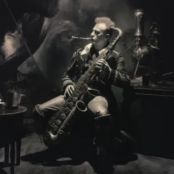 Muscular man with a Mohawk playing a saxophone on a dimly lit jazz club stage - Image 3