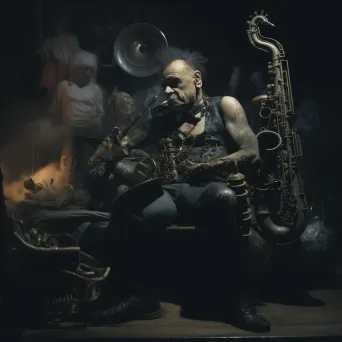 Muscular man with a Mohawk playing a saxophone on a dimly lit jazz club stage - Image 4