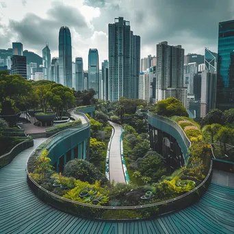 View from rooftop garden overlooking futuristic city skyline - Image 1