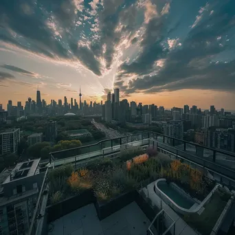 View from rooftop garden overlooking futuristic city skyline - Image 2