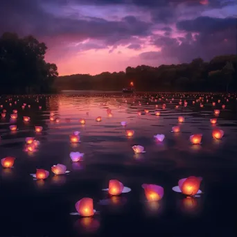 Twilight sky with paper lanterns over a tranquil lake - Image 1