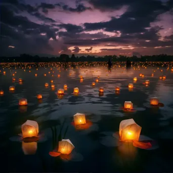 Twilight sky with paper lanterns over a tranquil lake - Image 2