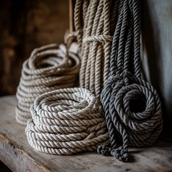 Display of finished rustic ropes on a wooden table - Image 1