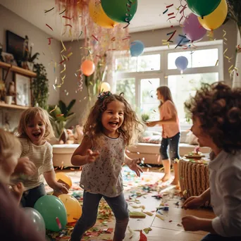 Children playing at an indoor birthday party with balloons. - Image 1