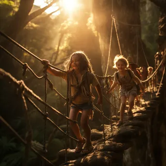 Children playing on a rope bridge in the forest - Image 3