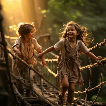 Children playing on a rope bridge in the forest - Image 4