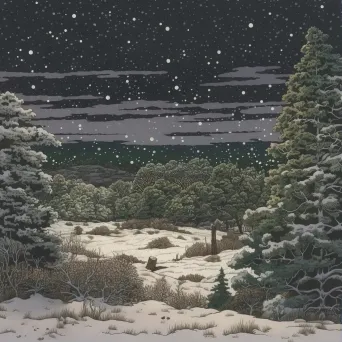 Twilight snowfall scene with white snowflakes on the ground under a cloudy sky - Image 1