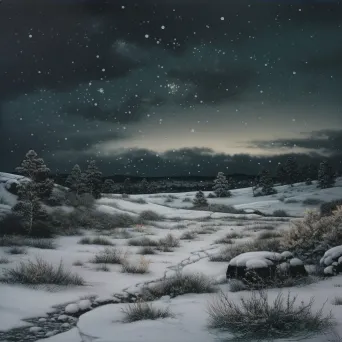 Twilight snowfall scene with white snowflakes on the ground under a cloudy sky - Image 4