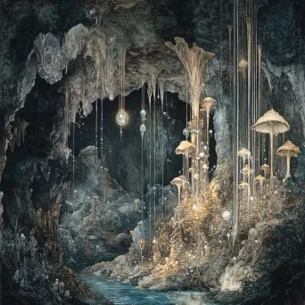 Enchanting cavern with precious gemstone outgrowths forming a hidden palace - Image 1