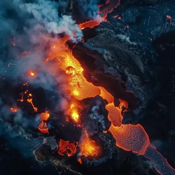 Volcano eruption from above with helicopters filming, aerial view - Image 1