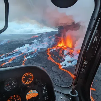 Volcano eruption from above with helicopters filming, aerial view - Image 3