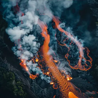 Volcano eruption from above with helicopters filming, aerial view - Image 4