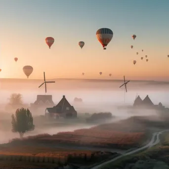 Hot air balloons over a countryside with windmills under a pastel sky - Image 2