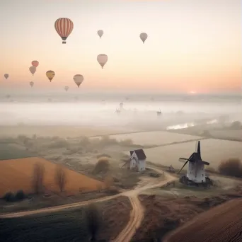 Hot air balloons over a countryside with windmills under a pastel sky - Image 3