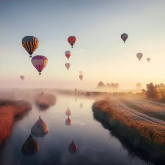 Hot air balloons over a countryside with windmills under a pastel sky - Image 4