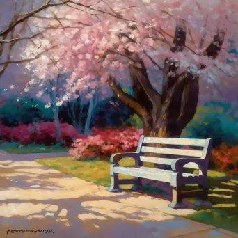 Single bench under a cherry blossom tree in a deserted park during spring in an image generated by a prompt. - Image 2