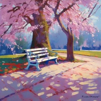 Single bench under a cherry blossom tree in a deserted park during spring in an image generated by a prompt. - Image 4