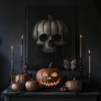 Carved pumpkins glowing in candlelight against a dark background - Image 1