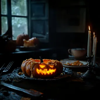 Carved pumpkins glowing in candlelight against a dark background - Image 4