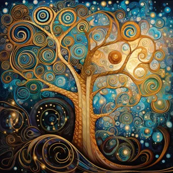 Art deco depiction of a cosmic tree with celestial fruits - Image 2