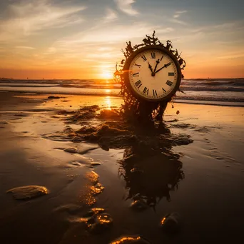 A melting clock draped over a beach at sunset, creating a surreal atmosphere. - Image 1