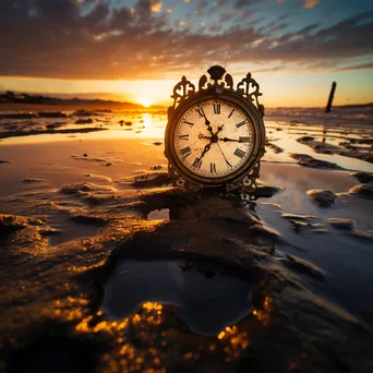 A melting clock draped over a beach at sunset, creating a surreal atmosphere. - Image 2