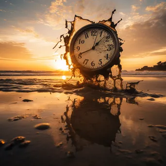 A melting clock draped over a beach at sunset, creating a surreal atmosphere. - Image 3