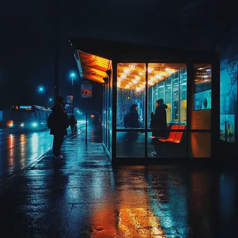 Commuters waiting at a brightly lit bus shelter on a rainy night. - Image 2