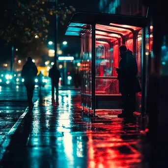 Commuters waiting at a brightly lit bus shelter on a rainy night. - Image 3