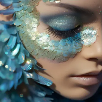 Macro shot of mermaid-inspired makeup with iridescent scales and shimmering blues and greens - Image 3