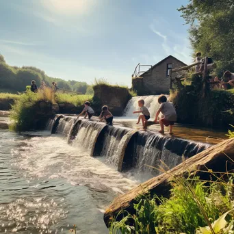 Children playing near a traditional weir on a sunny day - Image 3