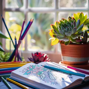 Adult coloring book with colored pencils and succulent - Image 2