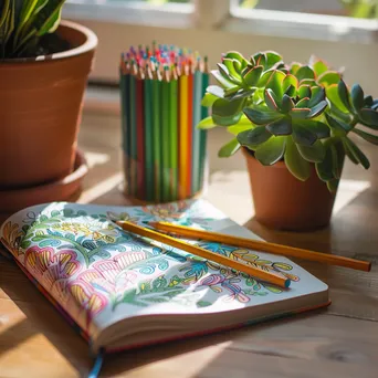 Adult coloring book with colored pencils and succulent - Image 4