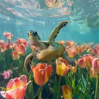 Sea turtles swimming in underwater tulips - Image 1