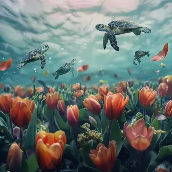 Sea turtles swimming in underwater tulips - Image 3